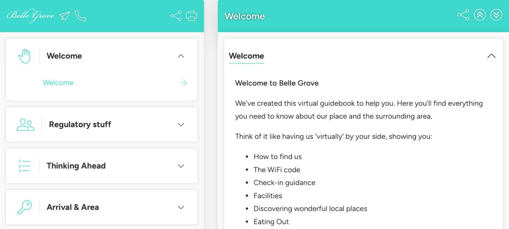 Initial page from the Belle Grove Barns welcome app