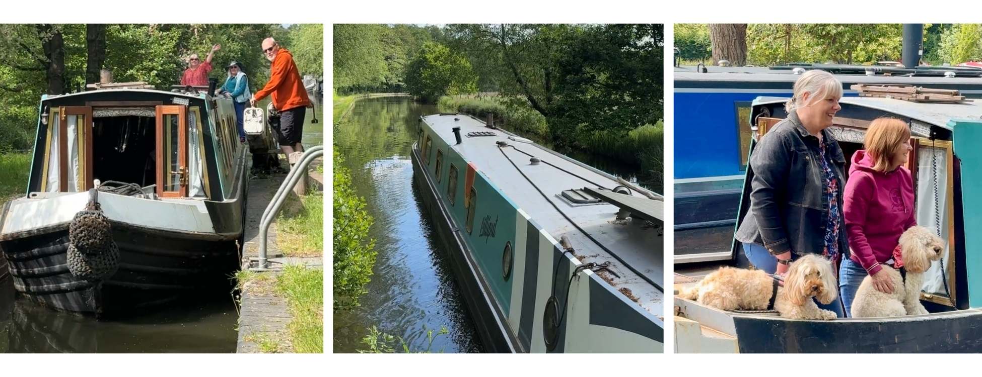 Two ladies and a man manoeuvring a canal boat through a lock.